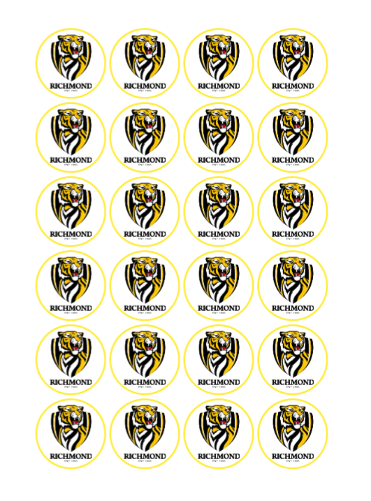 Richmond Tigers AFL Cupcake Toppers, cake Icing sheets, cake toppers