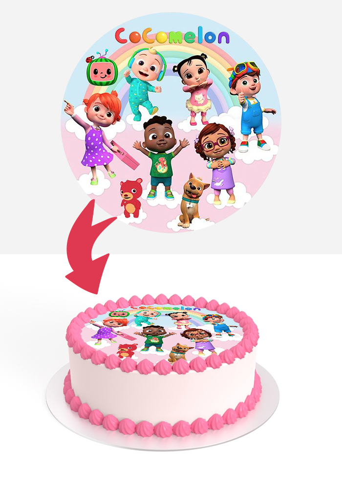 Cake topper featuring bright & colourful edible imagery of Cocomelon characters