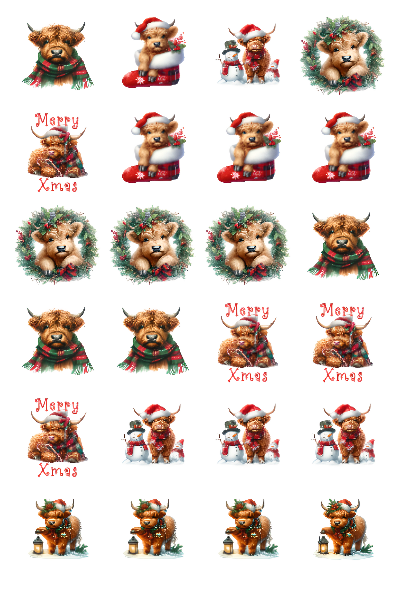 🎄 Christmas Highland Cow Edible Cupcake Toppers – 1.5” Pre-Cut | Premium Icing Images | Highland Cow Christmas (24 Pack)
