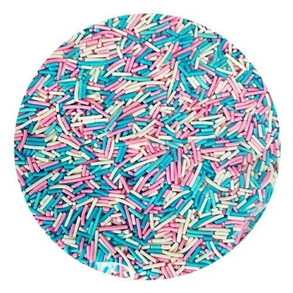 Mr Beast sprinkles, gender reveal cake, jimmies, pink, blue and white sprinkles