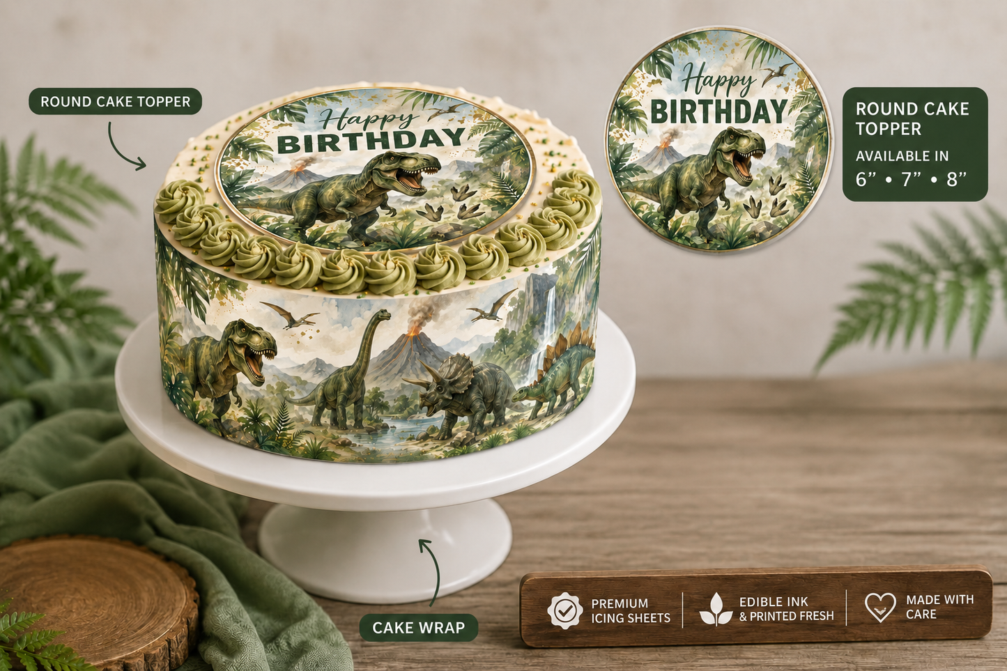 Cute Dinosaur Edible Cake Topper, Cake Wrap & Cupcake Toppers