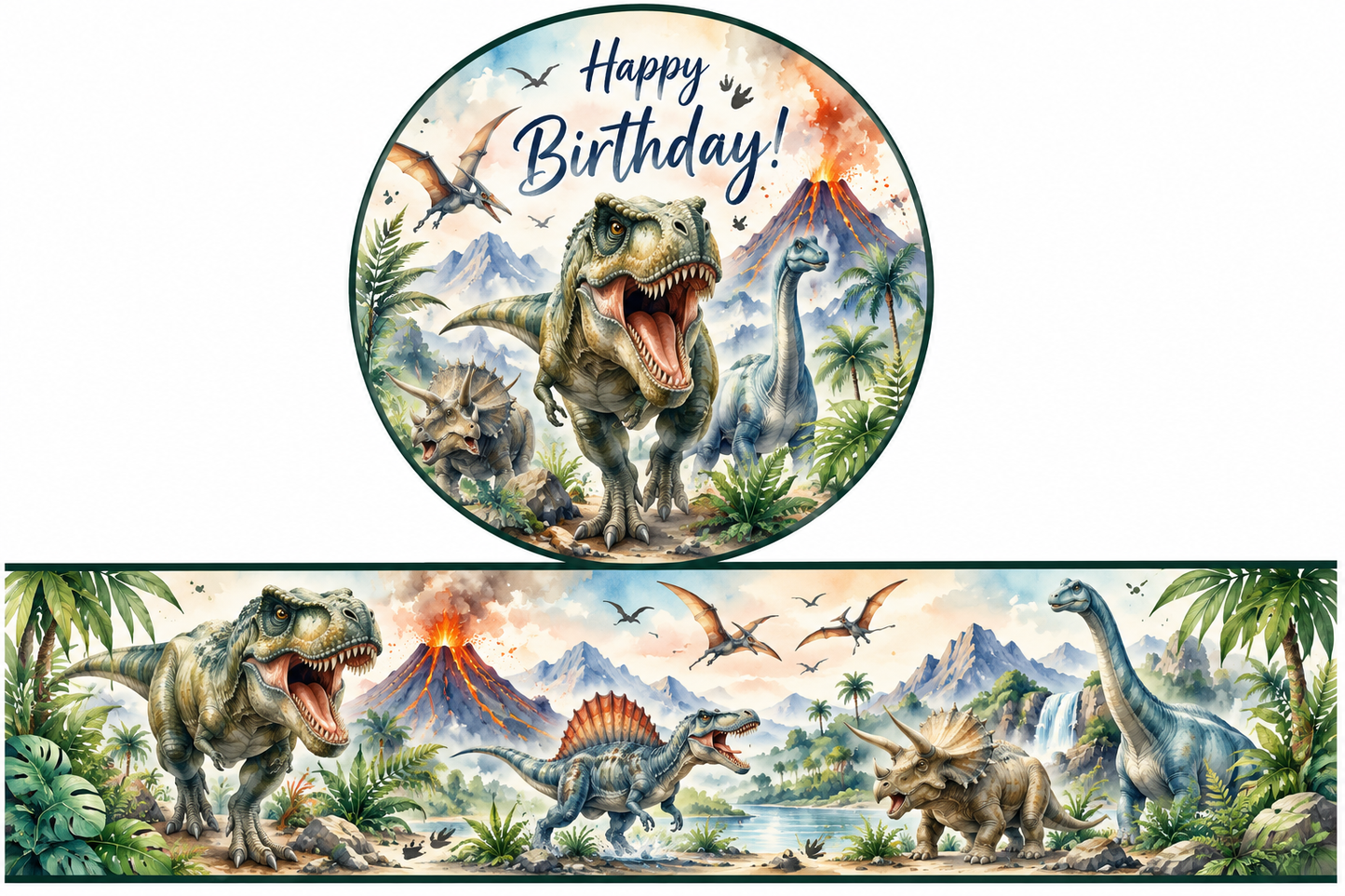Cute Dinosaur Edible Cake Topper, Cake Wrap & Cupcake Toppers