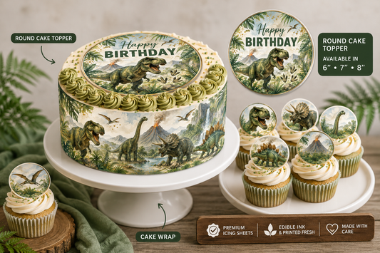 Cute Dinosaur Edible Cake Topper, Cake Wrap & Cupcake Toppers