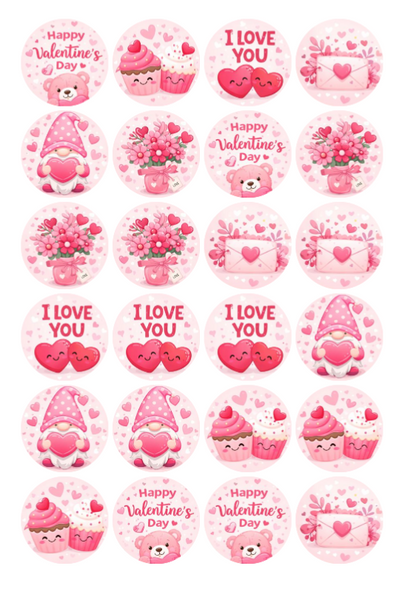 Valentine’s Day Edible Cupcake Toppers – 24 Pre-Cut Round Edible Images (6 Cute Love Designs)