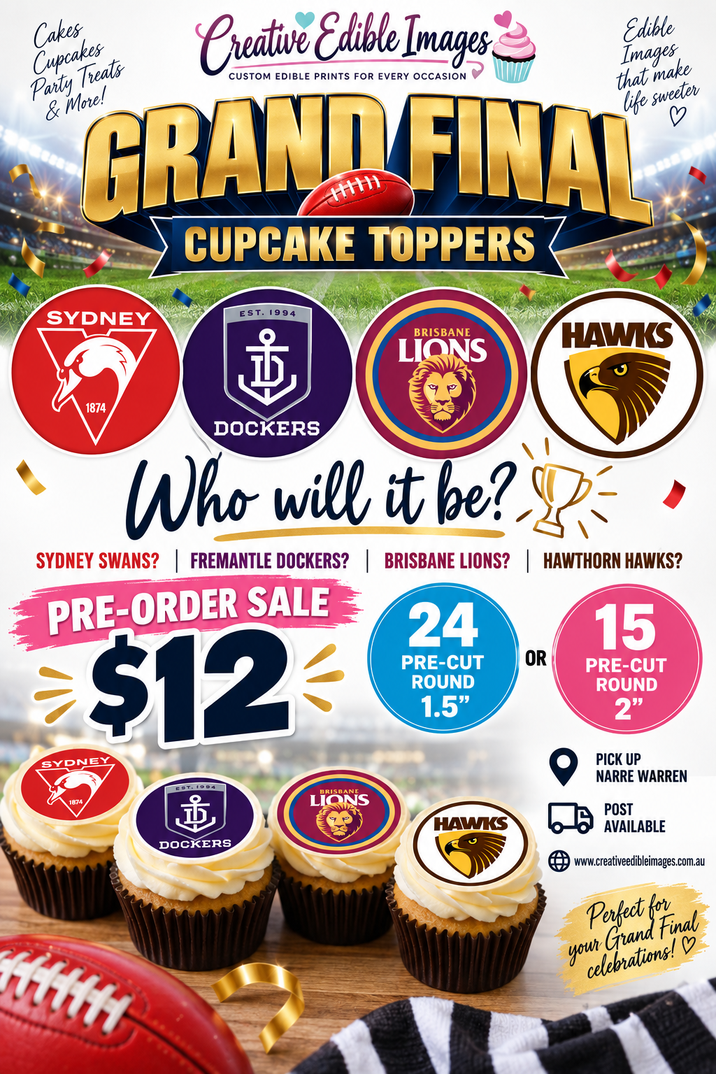 AFL Grand Final Cupcake Toppers | Pre-Cut Edible Images - PRE-ORDER