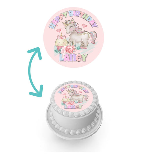 Magical edible cake topper featuring a dreamy pastel-coloured unicorn design